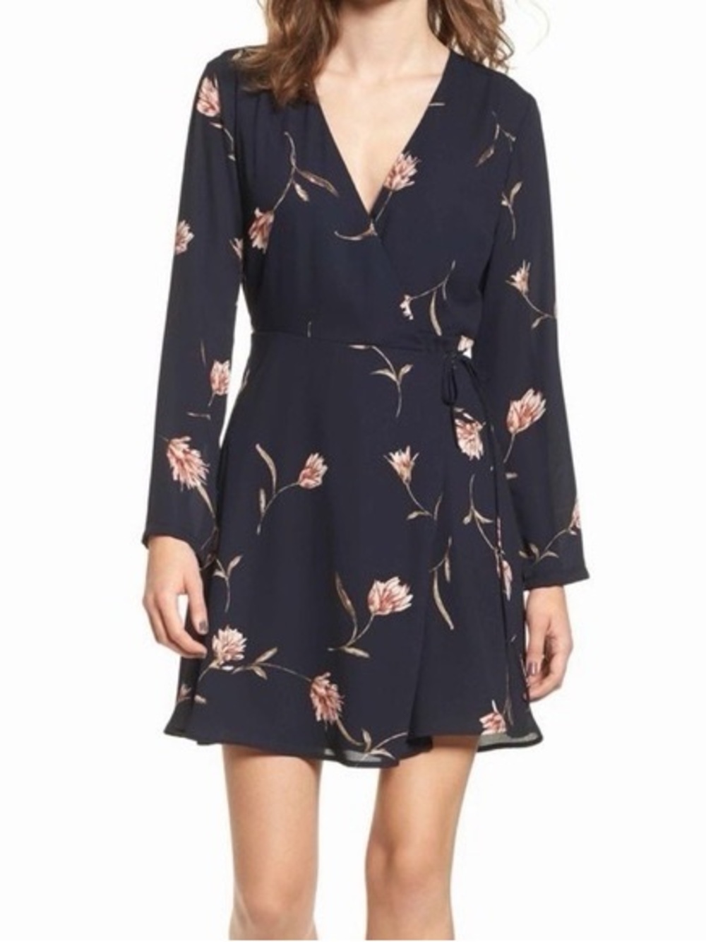 Lush Floral Wrap Long-Sleeve Dress - Navy